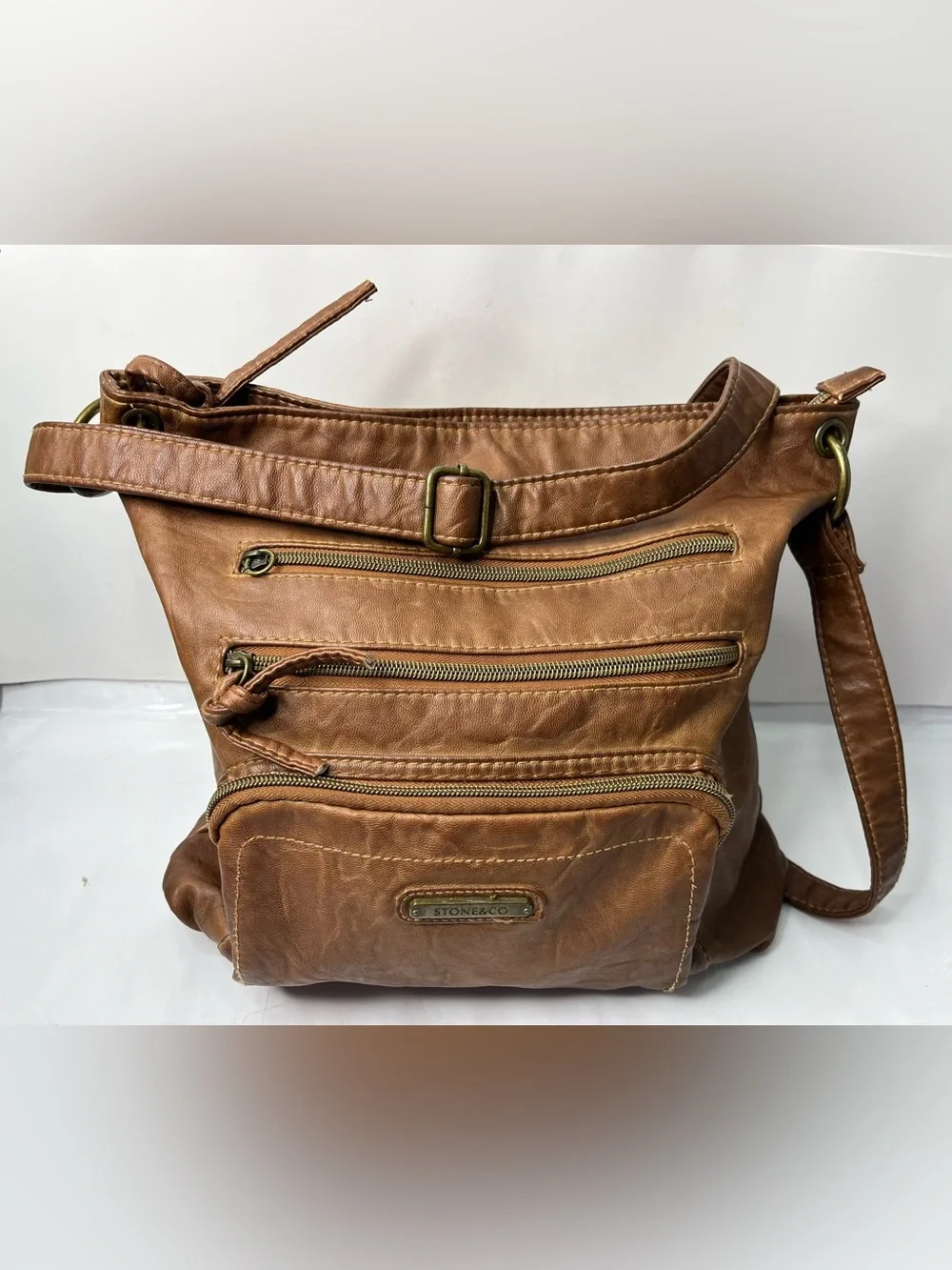 Stone & Co. Tan Leather Messenger Bag with Brass Accents